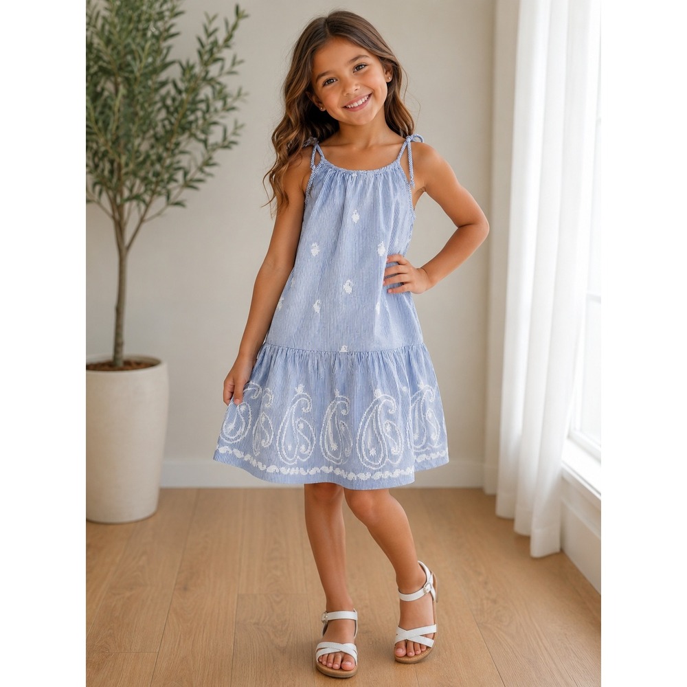 Gap Kids Girls XL 12Y Blue White Seersucker Striped Embroidered Tiered Sundress